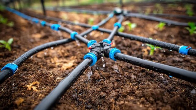 Closeup of advanced groove watering system with drip emitters arranged for uniform moisture distribution demonstrating modern precision agriculture technology in action.