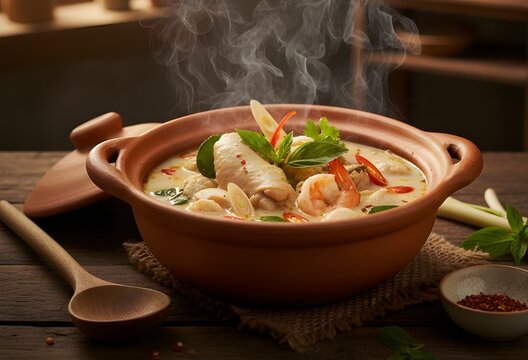 Steaming Tom Yum soup with chicken and shrimp, infused with spicy Thai herbs, served hot in a rustic clay pot. Authentic gourmet Asian cuisine background.
