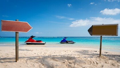 image of a beach with signboards and jet skis