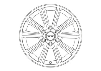Fototapeta premium Detailed Outline of a Car Wheel Rim with Spokes and Central Logo.