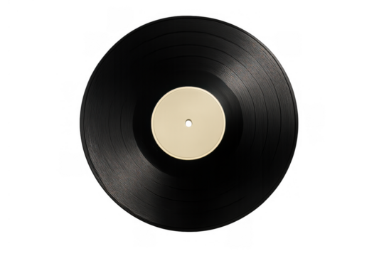 Vinyl record playing music, retro turntable disc spinning, analog audio feeling, vintage sound medium on transparent background