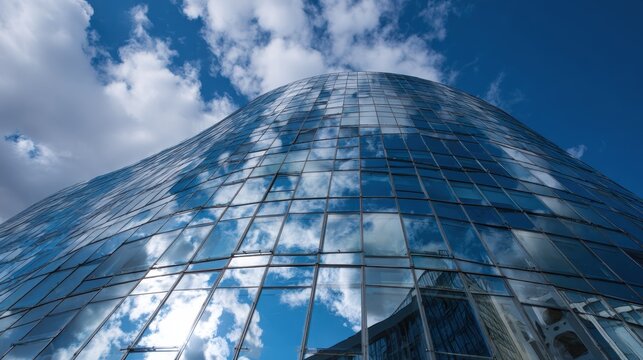 Modern architectural building with glass facade reflecting blue sky and clouds