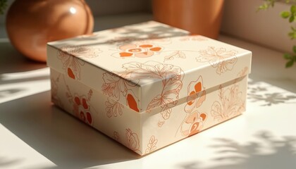 Floral patterned box sits on table. Decorative container in soft orange and beige tones. Sunlight casts shadows from leaves onto surface. Ready for gifts or storage.