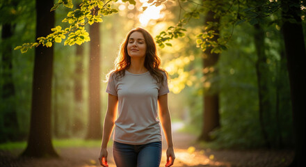 woman walks peacefully in sunlit forest, enjoying natures beauty