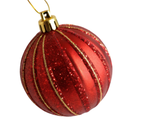 Festive red Christmas ornament ball with gold glitter stripe decoration. Joyful traditional hanging bauble for holiday celebration decor