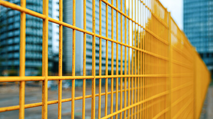 Obraz premium A close-up of a bright yellow fence with a blurred background of modern buildings, showcasing industrial design and urban elements.