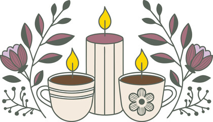 Cozy Scene: Lit Candles and Coffee Cups with Floral Accents