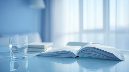 A calm blue-toned scene featuring an open book and a glass of water on a table, with soft light filtering through the window.