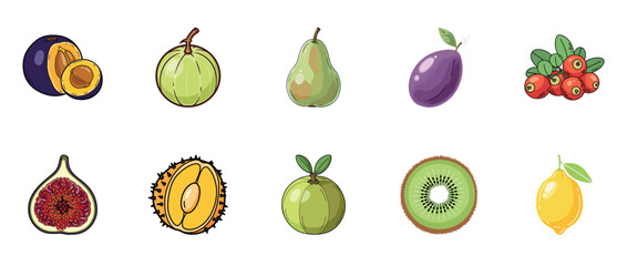 Fototapeta premium Colorful variety of fruits including kiwi, lemon, fig, and more on white background