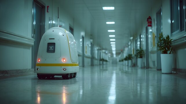 A white autonomous robot navigates a long, sterile hospital corridor with fluorescent lighting.