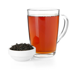 Cup of delicious tea and brew isolated on white
