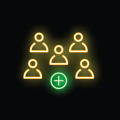 Neon icon depicting a group of five individuals with a bright green plus sign, symbolizing the addition of a new member