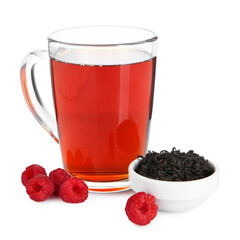 Cup of delicious tea, raspberries and brew isolated on white