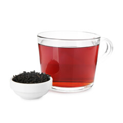 Cup of delicious tea and brew isolated on white