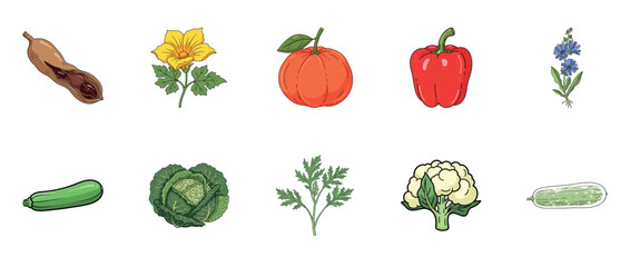 Fototapeta premium Colorful array of vegetables and flowers illustration