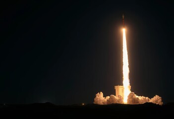 Dramatic nighttime launch of a ballistic missile, fiery trail against dark sky,  arms,  countdown