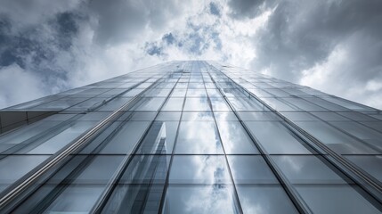 Fototapeta premium Modern skyscraper reflecting clouds and sky high angle architectural marvel