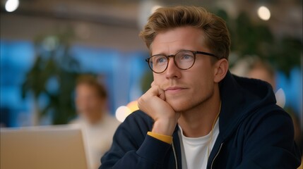 Obraz premium Casual business interview at a coworking space with laptop and coffee cups on the table, emotion of relaxed curiosity visible, representing startup recruitment, talent acquisition, and modern