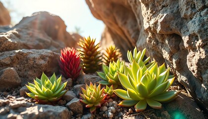 Succulent plants sprouting from a rock crevice, bathed in sunlight,  texture,  earthy tones