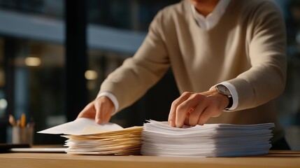 Office scene with administrative worker sorting stacks of certified contracts, emotion of diligence and order visible, representing business documentation management, legal compliance, and