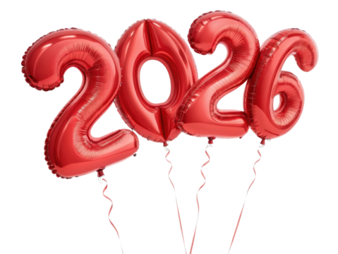Happy new year 2026 red balloon number for festive party celebration. cheerful and optimistic future concept isolated on background