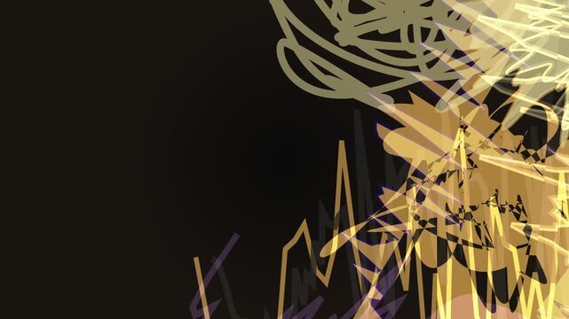 Abstract digital art with chaotic scribbles and glowing yellow shapes against a dark background