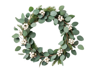 Beautiful festive winter wreath decoration of eucalyptus and berry. This green foliage wreath brings calm, natural holiday feeling