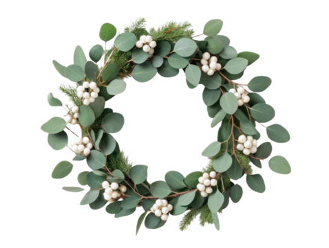 Beautiful festive winter wreath decoration of eucalyptus and berry. This green foliage wreath brings calm, natural holiday feeling - Powered by Adobe