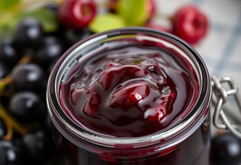 Dark, glossy black currant jam in a glass jar, close-up, rustic, spread