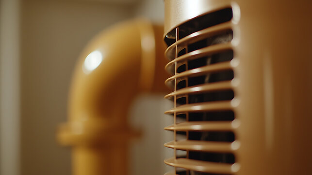 A close-up highlights a vintage mustard-colored heater, its grille partially obscuring a blurred pipe, against a muted wall, evoking a sense of nostalgic warmth and functional design.