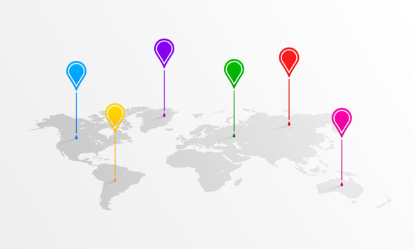 World Map With Infographic Pointer Marks. Multicolored of map point symbols. Vector illustration.