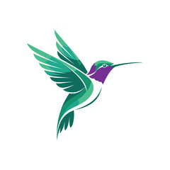 Vibrant hummingbird in flight, with wings spread and body angled, showcasing iridescent green and purple plumage against a clean white background, isolated on white background