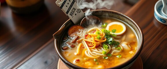 Steaming bowl of ramen noodles, broth, and toppings,  seaweed,  chinese food