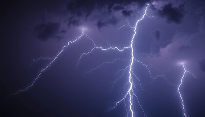 Jagged lightning bolt striking dark stormy sky, fierce, danger