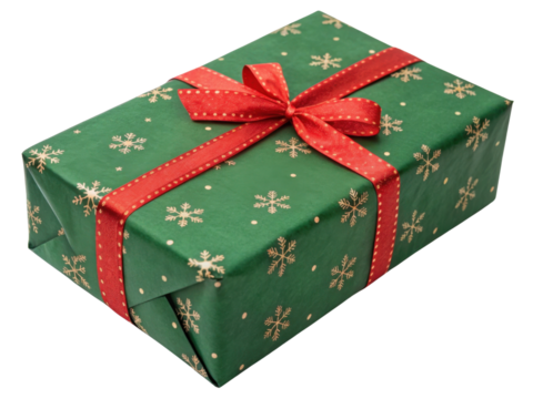 Joyful green Christmas gift box wrapped with red ribbon bow and gold snowflake pattern. festive present isolated for special occasion