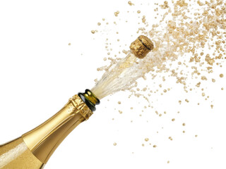 Exciting gold champagne bottle opening with popping cork and explosive spray. festive celebration on transparency background for party