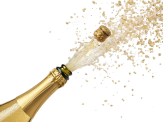 Exciting gold champagne bottle opening with popping cork and explosive spray. festive celebration on transparency background for party