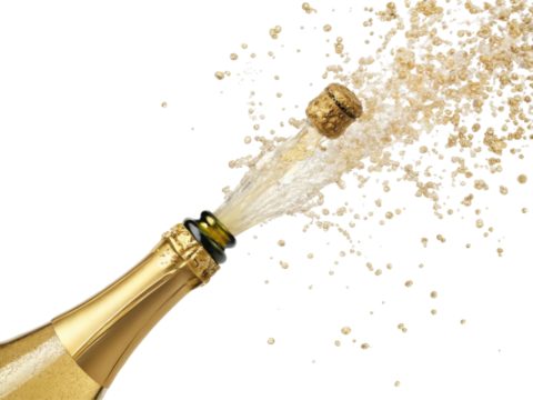 Exciting gold champagne bottle opening with popping cork and explosive spray. festive celebration on transparency background for party - Powered by Adobe