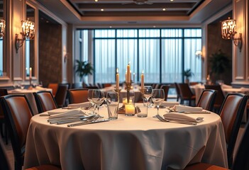 Elegant restaurant table setting, white linen, silverware, candles, food, stylish
