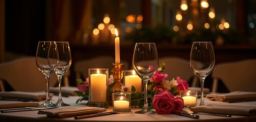 Intimate candlelit table setting with wine glasses and flowers, candlelight, glasses