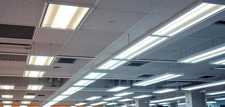 Rows of bright fluorescent office lights overhead,  lighting,  office lighting