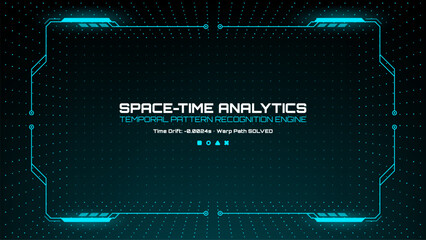 Naklejka na ściany i meble Detailed hud vector graphics with space-time analytics text on a black background for user interface design and futuristic technology concept. Naklejka na ściany i meble Detailed hud vector graphics with space-time analytics text on a black background for user interface design and futuristic technology concept.