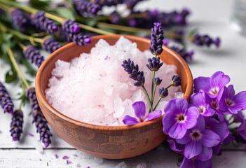 Lavender infused bath salts in a bowl, purple flowers, beauty, luxury