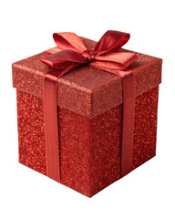 Obraz premium Shiny red glitter gift box with ribbon bow, festive present for celebration or surprise. Isolated to convey joy and excitement