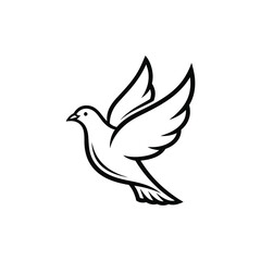 A simple and elegant outline of a dove in midflight, rendered in black on a white background, symbolizing peace, hope, and new beginnings, isolated on white background