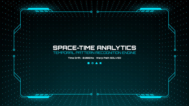 Detailed hud vector graphics with space-time analytics text on a black background for user interface design and futuristic technology concept.