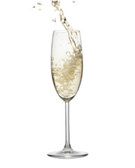 Celebratory splash of golden sparkling wine in an elegant glass flute. festive, joyful beverage for party, isolated on black