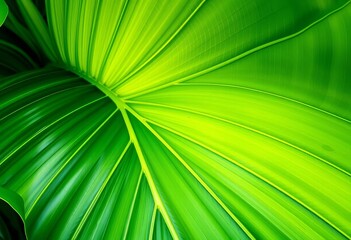 Giant tropical leaf, vibrant green, lush texture, close-up view,  botany,  macro