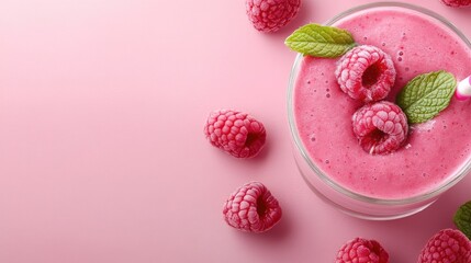 A vibrant magenta smoothie topped with fresh raspberries and mint leaves, inviting you to savor a refreshing delight