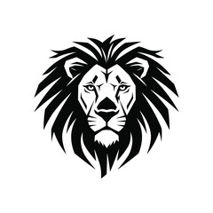 A powerful and majestic lion head illustration, rendered in a bold black and white graphic style, symbolizing strength, courage, and leadership, isolated on white background